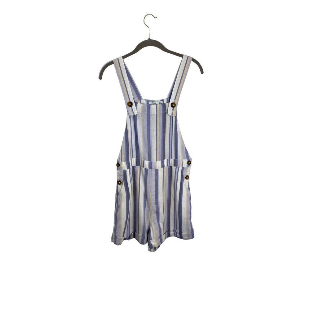 Hollister women’s blue, yellow and white striped short overalls size XS ￼